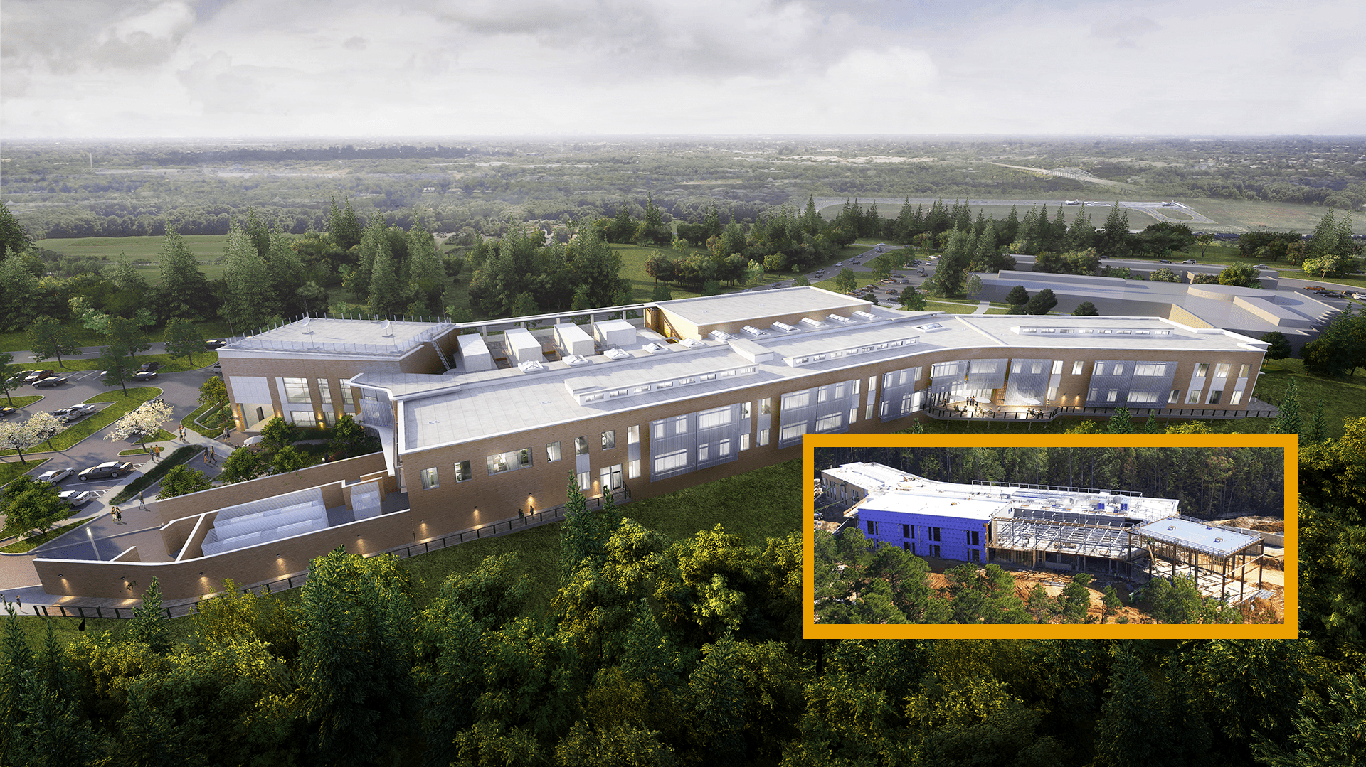 Architect's drawing of SMART Building at USMSM with inset photo of building under construction. Building has white roof, large windows, and is set in a wooded area.
